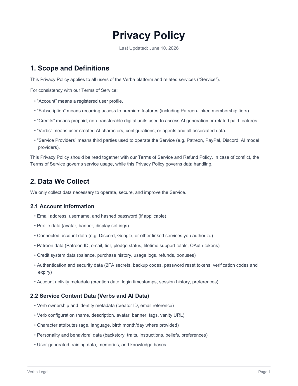 Verba Privacy Policy, page 1 of 5