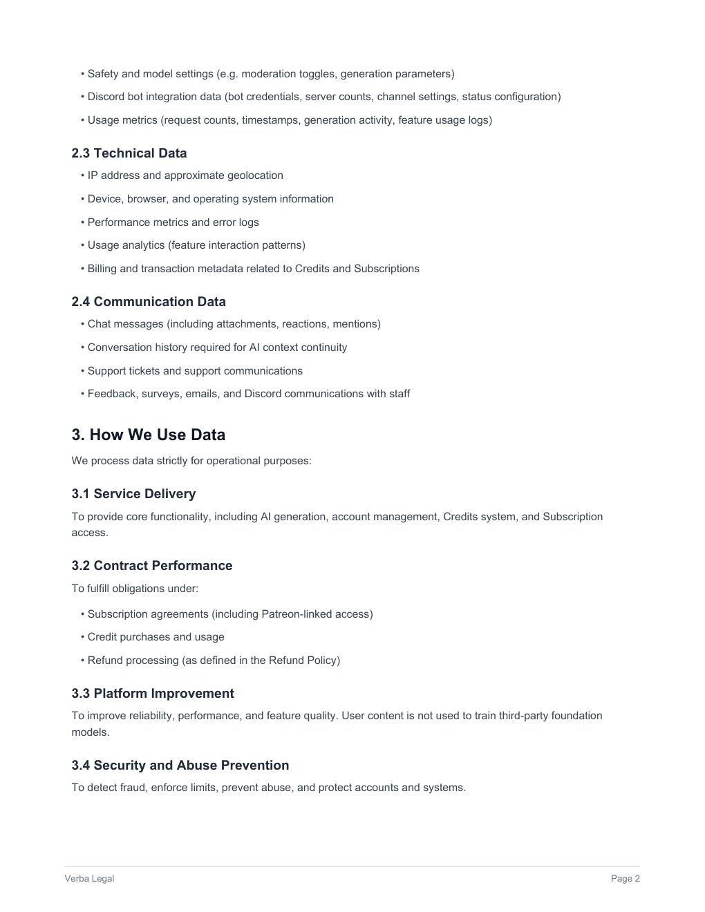Verba Privacy Policy, page 2 of 5
