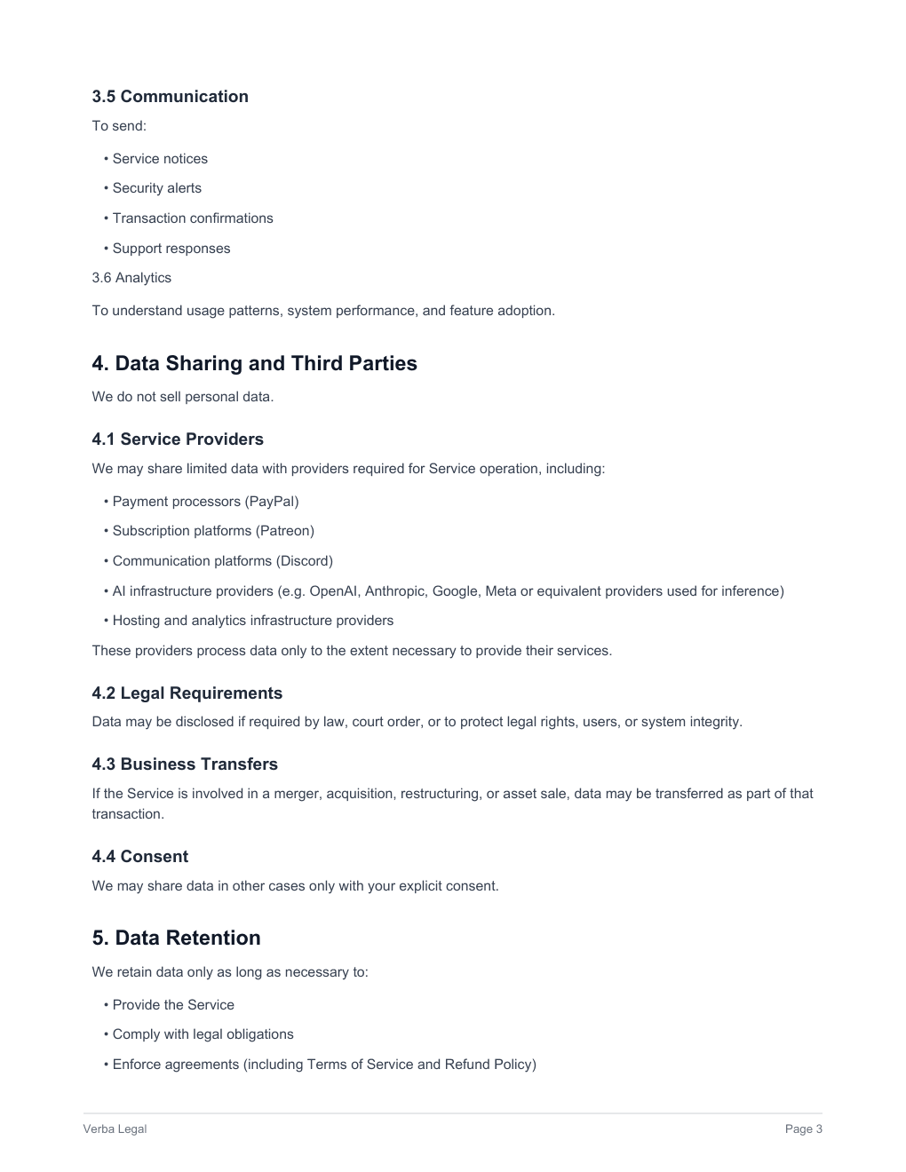 Verba Privacy Policy, page 3 of 5
