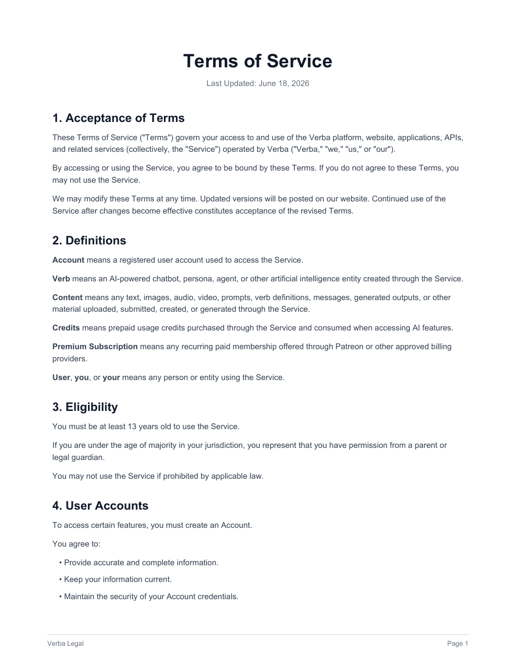 Verba Terms of Service, page 1 of 11