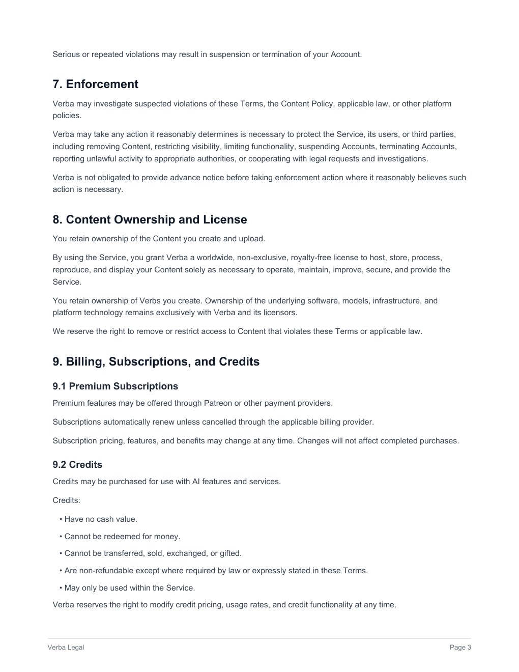 Verba Terms of Service, page 3 of 11