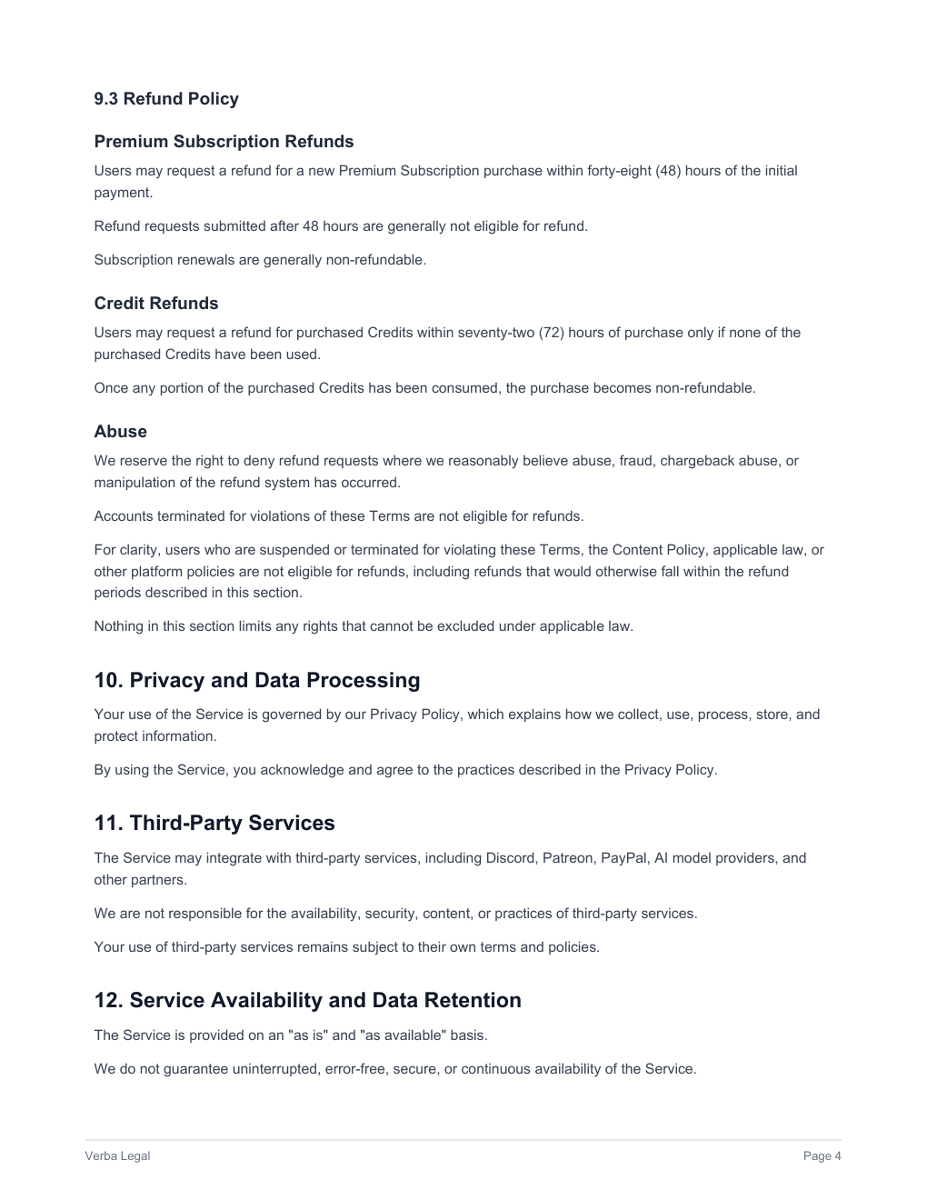 Verba Terms of Service, page 4 of 11