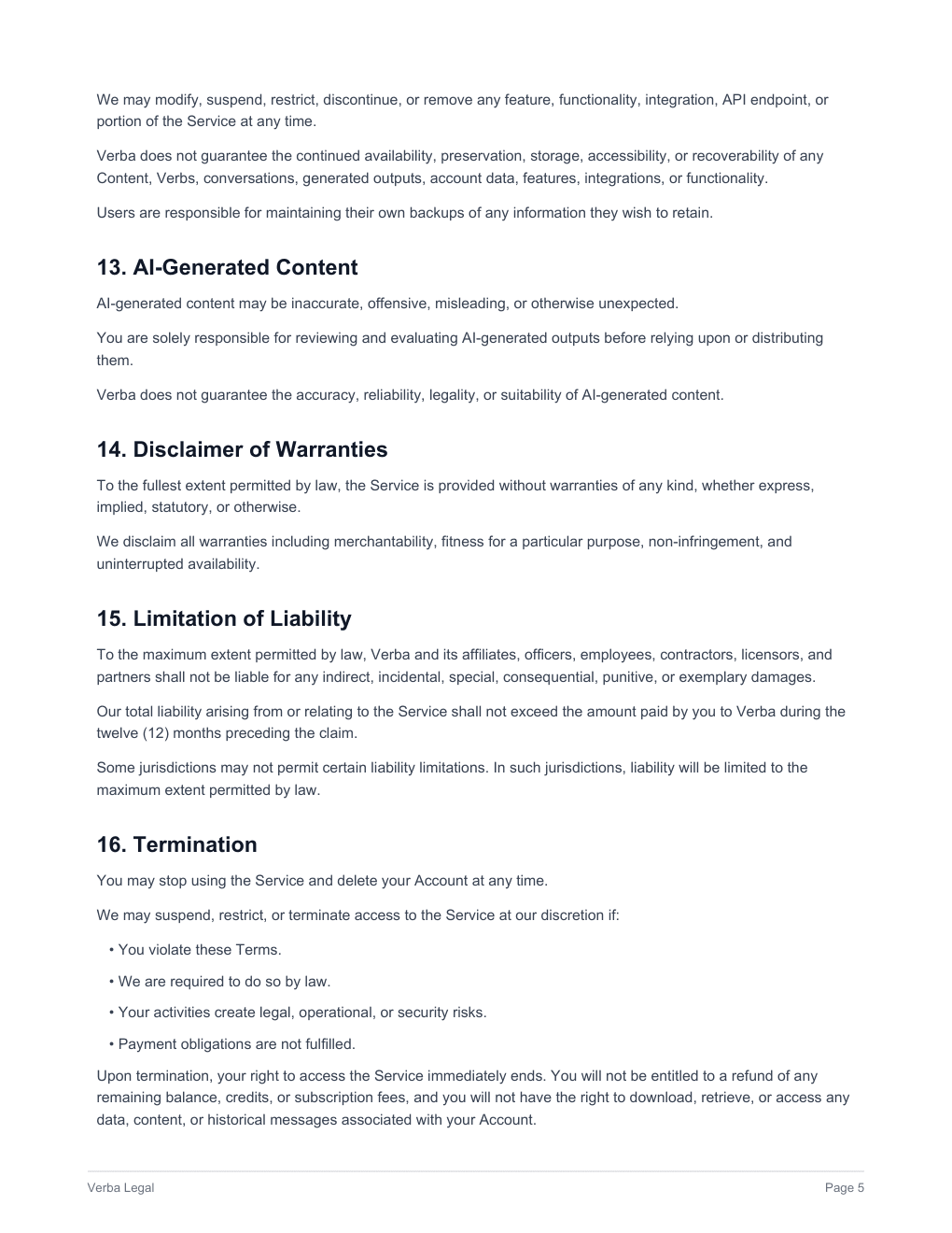 Verba Terms of Service, page 5 of 11